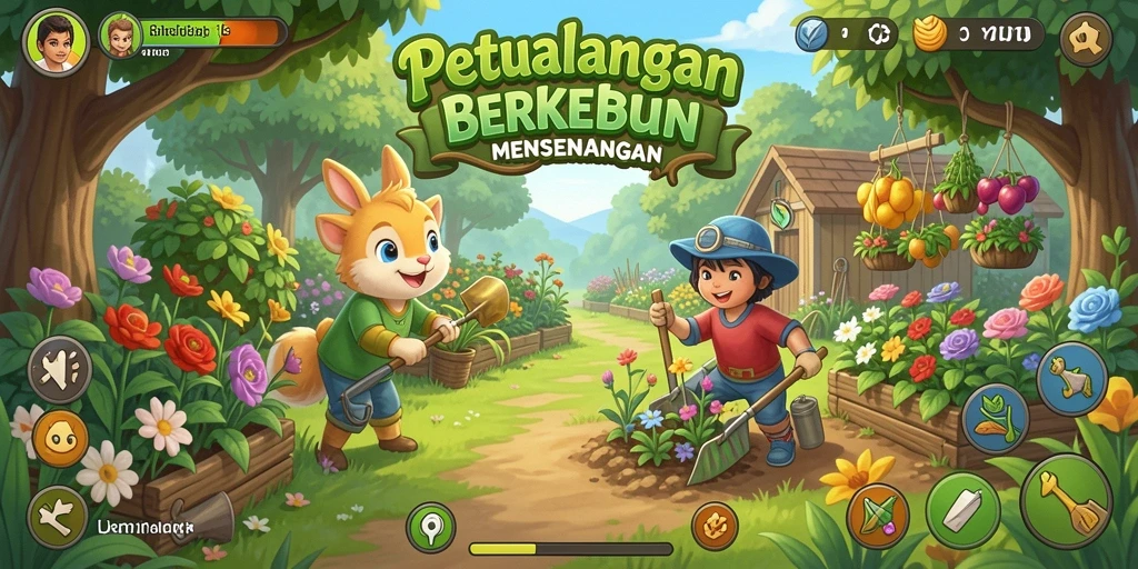 Screenshot menunjukkan pemain sedang berkebun dengan berbagai tanaman.