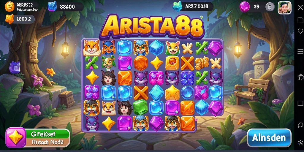 Screenshot gameplay ARISTA88 menampilkan tindakan mencocokkan item colorful.