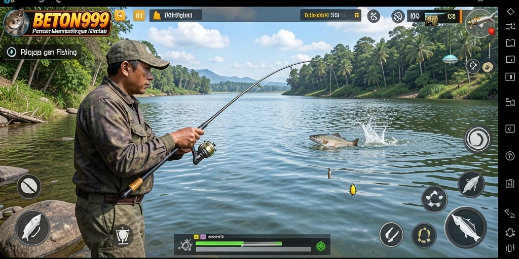 Tampilan gameplay BETON999 yang menampilkan momen menangkap ikan.