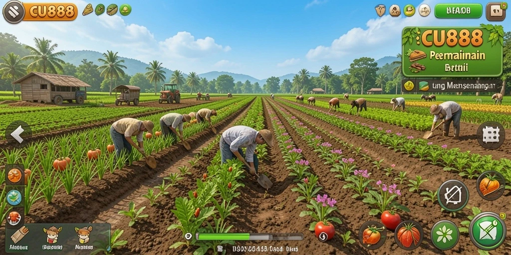 Screenshot gameplay CU888 yang menunjukkan aktivitas bertani yang seru.