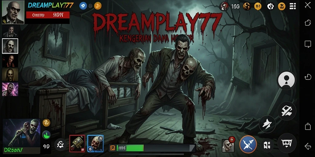 Screenshot utama DREAMPLAY77 menunjukkan karakter dalam suasana mencekam dan penuh ketegangan.