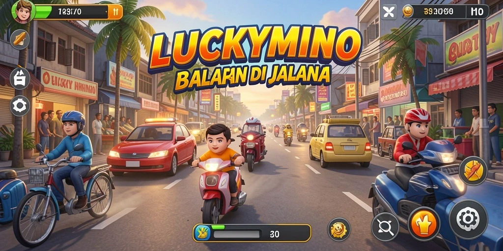 Tampilan gameplay LUCKYMINO dengan balapan yang seru.
