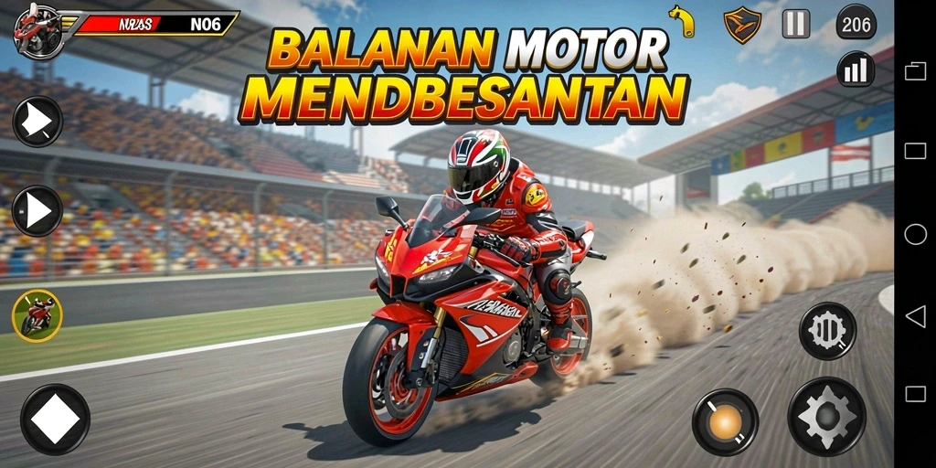 Tampilan gameplay N06 yang seru dan mendebarkan dalam balapan motor.