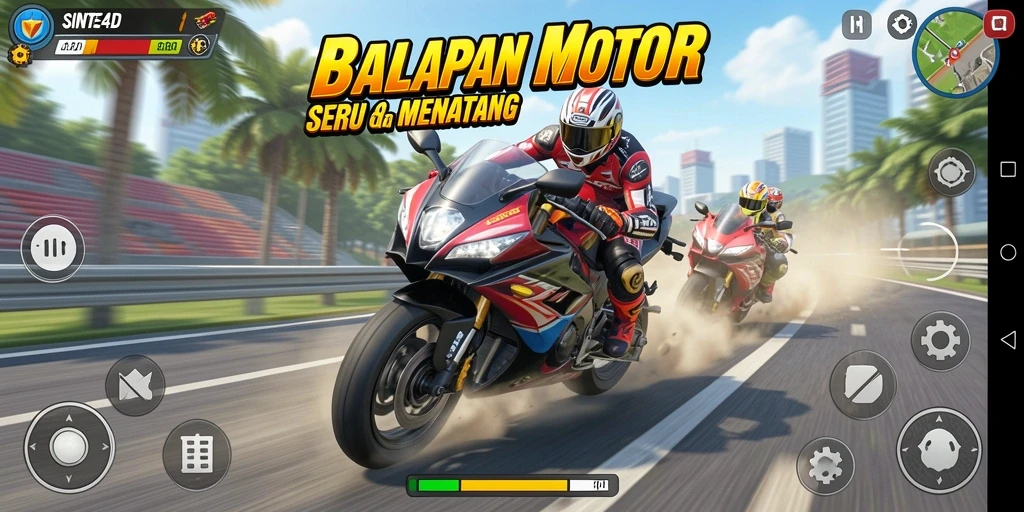 Screenshot gameplay SINTE4D yang menampilkan momen balapan yang seru.
