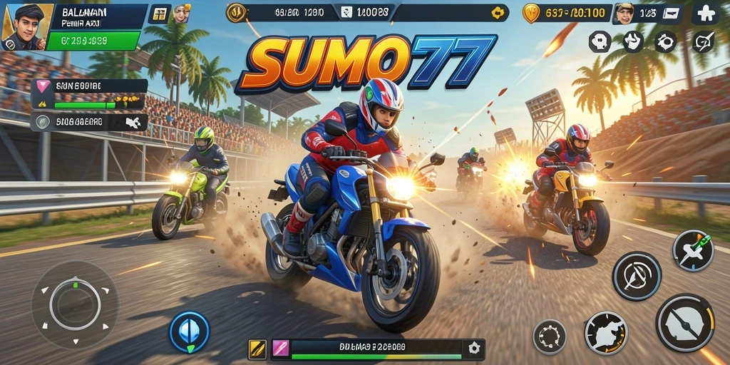 Tampilan gameplay menyenangkan dari SUMO777 saat balapan motor.
